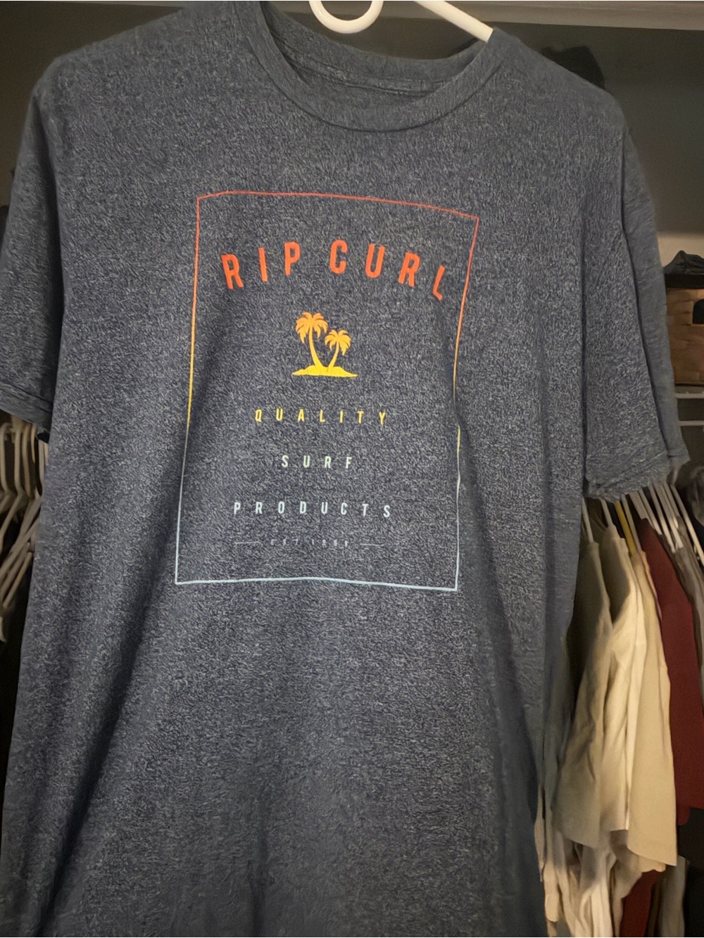 Rip Curl Navy Heather Short Sleeve Tee with Orange & Yellow Surf Graphic